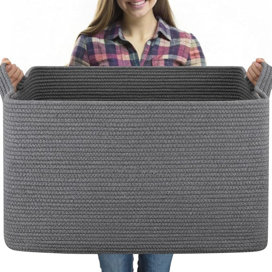 OIASKET 95L Extra Large Blanket Basket, 24" x 16.9" x 14.2" Woven Storage Basket for Living Room, Nursery Blanket Storage for Toys, Towels, Dirty Clothes (Grey)