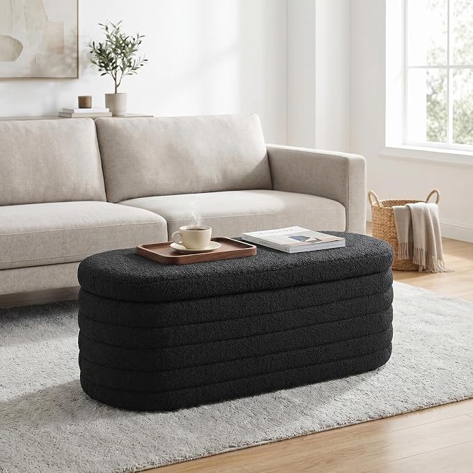 45.5" Black Ottoman with Storage, Sherpa | Upholstered Oval Design, Safety Hinge Lid, end of bed storage bench, Bedroom & Living Room, Entryway