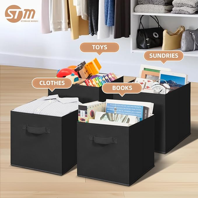 STORAGE MANIAC Storage Cubes, 11 Inch Collapsible Storage Bins with Handles, 10 Pack Fabric Foldable Bins for Organization, Durable Storage Bins for Closet, Shelves, Offices, Toys, 10-Pack Black