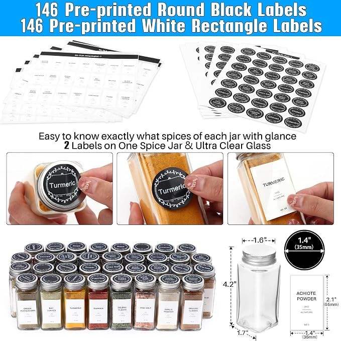 MIUKAA Spice Drawer Organizer with 34 Spice Jars, 378 Spice Labels, 5 Tier - 5 Pack Metal Spice Rack Tray for Drawer/Countertop, 13.7" Wide x 22.6" Deep (Black)
