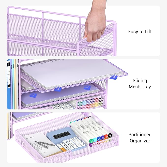 OPNICE Desk Organizer, 5-Tier Desktop File Organizer with Drawer and Pen Holders, Office Desk Accessories, File Sorters, Workspace Organizers for Office Supplies(Purple)