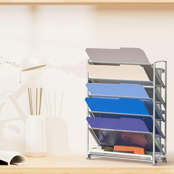 Simple Houseware 6-Tier Wall Mount Document Letter Tray Organizer, Silver | 5 Tilted Trays + 1 Flat Bottom Tray, Wall Mount Hardware Included