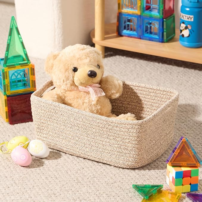 MiniArk Small Storage Baskets for Organizing | Closet Organizer Bins | Shelf Toy Basket | Woven Rope Baskets | Cube Decorative Box | Shallow Basket | 13x8.5x5.1” | 4 Packs Mixed Brown