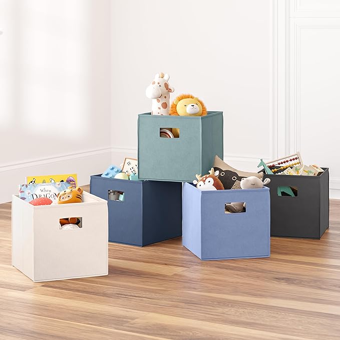 RiverRidge Folding Storage Bins - 2-pack of 10in Tall Cream Cubes | Fabric Bins, Set of 2 Storage Cubes, Cut-out Handles, Playroom Closet Organizer, Collapsible Cubby with Bottom Board Insert
