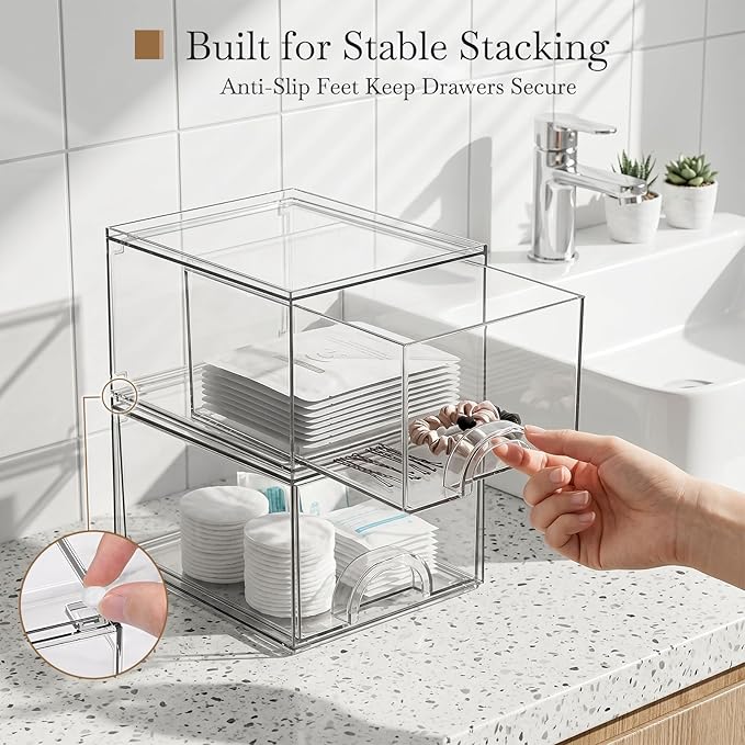 8 Pack Small Clear Stackable Acrylic Storage Boxes for Art Tool & Sketch, Storage Drawers, Storage Organizer, Clear Plastic Makeup Organizer, Ideal for Vanity, Cabinet, Desk Organization