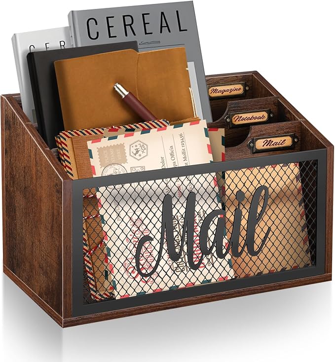 Mail Organizer Countertop with 3-slots | Wooden Mail Holder for Desktop | Farmhouse Mail Sorter Wall Mounted | Office Desk Organizers for Bill Letter File