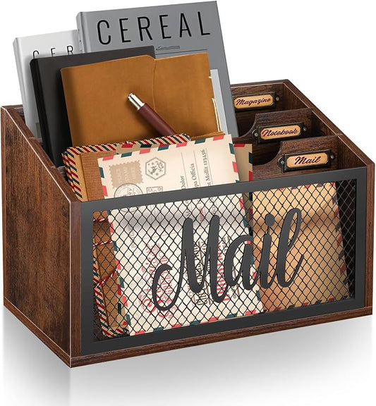 Mail Organizer Countertop with 3-slots | Wooden Mail Holder for Desktop | Farmhouse Mail Sorter Wall Mounted | Office Desk Organizers for Bill Letter File