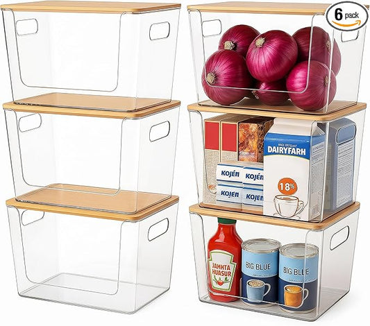 CiWiVOKi 6 Pack Clear Stackable Storage Bins with Bamboo Lids, Trash Bag Holder Dispenser Under Sink Organizer for 4-13 Gal Bags, Plastic Storage Containers for Pantry Bathroom Kitchen Organization
