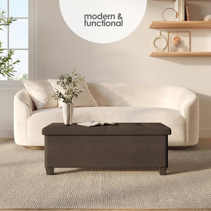Storage Ottoman Bench with Bins, 43-in Storage Bench for Bedroom End of Bed, Folding Foot Rest Ottoman for Living Room Max 660lbs, Fabric Ottomans, Brown