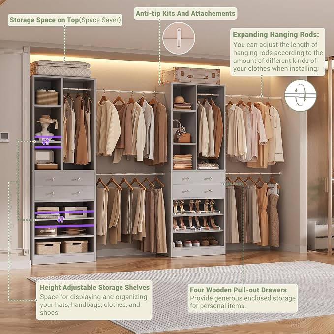 Besiost Closet System, Up to 134"/11.2 FT Closet Organizer with 4 Wooden Drawers and Shelves, Walk-in Closet System with 6 Hanging Rods, Built-in Closet Can Fit 96"/8FT, 120"/10FT, Morandi Grey Set 2