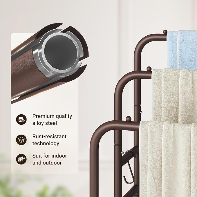 ELYKEN 40" H Freestanding Towel Rack with Shelf, 3 Tier Towel Stand, Bronze | Metal Drying Rack for Oversized Bath Towels & Blankets, 4 Hooks, Indoor & Outdoor Use, Fits Bathroom, Tub, Shower, Poolside
