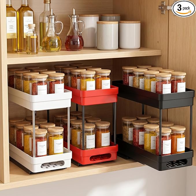 3 Pack Pull Out Spice Rack Organizer for Cabinet, Slide Out Spice Racks Organizer, Spice Cabinet Organizers, Cabinet Size Need:12'' Highx11'' Deepx5'' Wide,Each Tier Hold 10 Spice Jar- 2 Tier,3 Colors