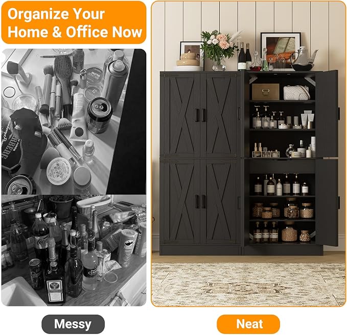 Unikito Black 71" Tall Kitchen Pantry Cabinet, Hidden Drawers and Farmhouse Barn Doors, 8 Adjustable Shelves, Freestanding Cupboard for Kitchen, Dining Room, Living Room, Utility Room, 2 Pack