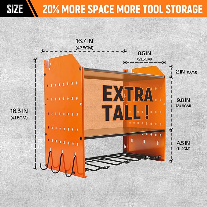 Power Tool Organizer Wall Mount,Power Drill Tool Holder | 200lb Heavy Duty Tool Shelf,4 Tier Cordless Tool Organizerwith 4 Drill Holders & 3 Divider Panels,Orange