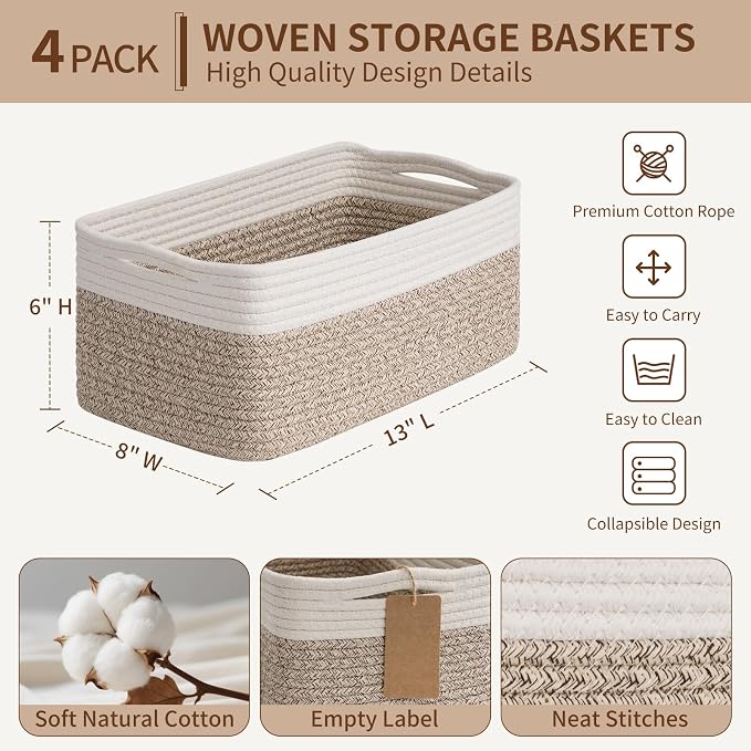 Goodpick 4 Pack Storage Baskets for Organizing Shelves, Light Brown & White | 13" x 8" x 6" Woven Rope Baskets for Baby Toys & Diapers, Decorative Gift Basket for Home & Nursery, Rectangle Design
