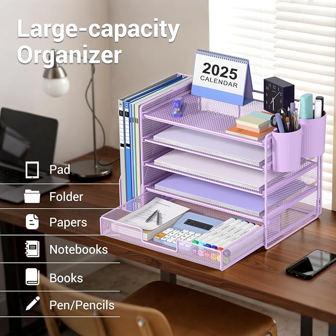 OPNICE Desk Organizer, 5-Tier Desktop File Organizer with Drawer and Pen Holders, Office Desk Accessories, File Sorters, Workspace Organizers for Office Supplies(Purple)