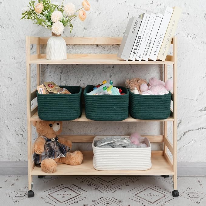XUANGUO Small Woven Storage Baskets for Shelves, 13" x 9" x 5", Dark Green | Decorative rope storage bins for closets and toy storage; cute organizer baskets, empty gift baskets and nursery storage.