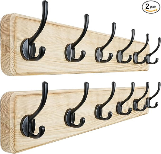 Coat Rack Wall: 24" Long, Patented, Heavy-Duty, 6-Double-Hooks Wooden Wall Mounted Coat Rack Coat Hanger Hook Rail for Winter Coats Hat Jacket Clothing, Light Brown, Pack of 2