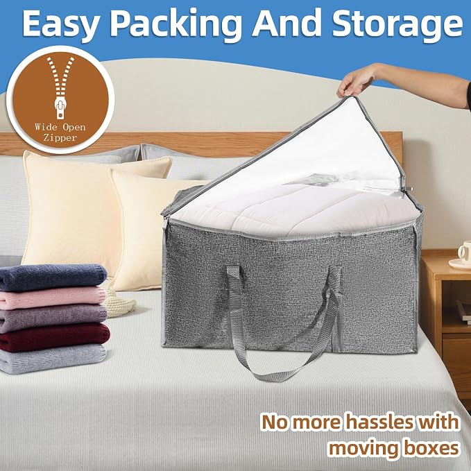 12 Pack-Extra Large Heavy Duty Moving Bags - Waterproof Storage Totes with Handles & Zippers, Foldable for College Dorm, Storage (Gray)