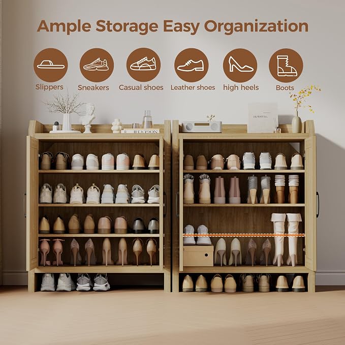 Shoe Cabinet Storage for Entryway, Natural Rattan Shoe Storage Cabinet, Wooden Shoe Rack Cabinet, Farmhouse Boho Wood Shoe Organizer Cabinet for Hallway