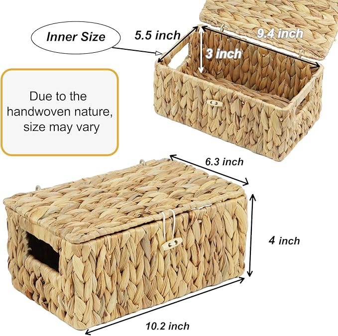 ORDELITE Water Hyacinth Wicker Storage Basket with Lid, Small | Decorative Box, Built-In Handles, Baskets for Organizing, Shelf Organizer Bin, Rectangular Woven Design, 10.2 x 6.3 x 3.9