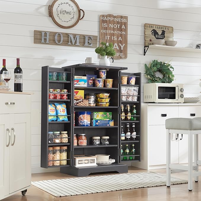 47" Tall Wooden Pantry Storage Cabinet with Door Shelves | Farmhouse, Barn Doors, Adjustable Shelves, Freestanding, Anti-tip Kit, for Kitchen, Dining Room, Living Room
