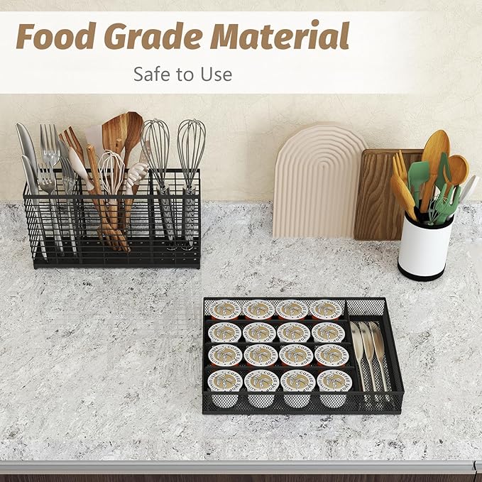 Sedegn mesh silverware tray for drawer: 5 Compartments for Easy Sorting | Sized at 9.3" x 12.6" for kitchen drawers with non-slip feet, metal mesh design for easy cleaning, organizing flatware Black