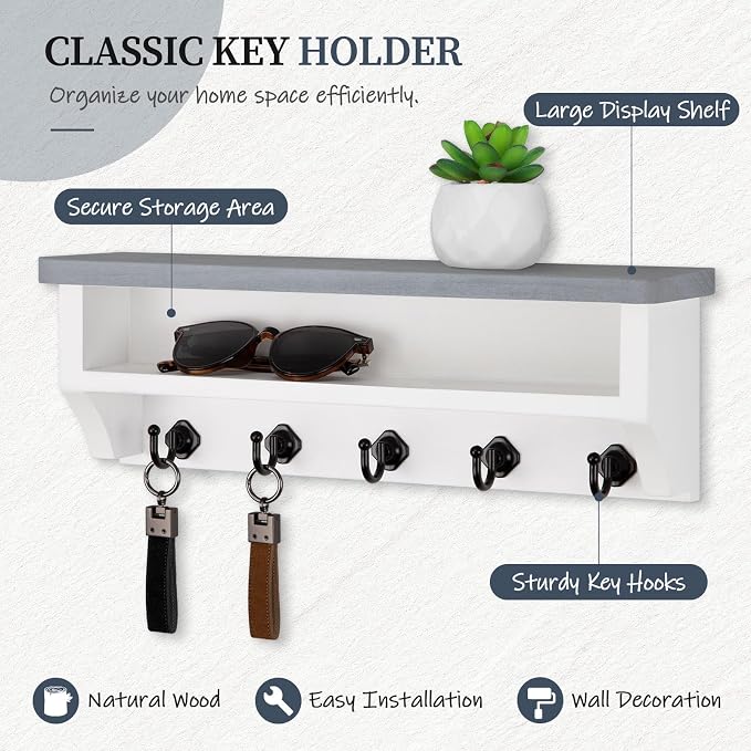 Nekon Key Holder Wall Mount, Wall Organizer Shelf with 5 Key Hooks, Room Decor for Home and Apartment Essentials, Gray and White