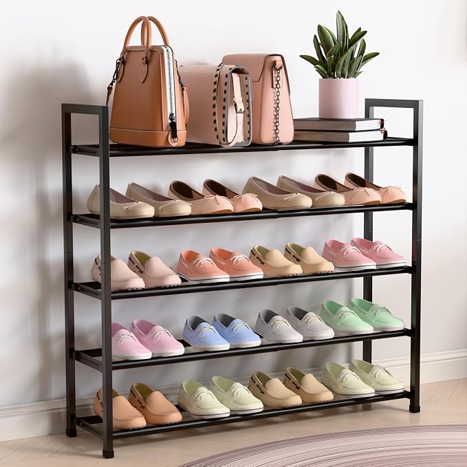 Bumusty 5 Tier Expandable Shoe Rack for Closet, Black | 18"-33" Adjustable Shoe Rack for Entryway, Small Shoe Organizer for Dorm, Front Door, Sturdy Metal