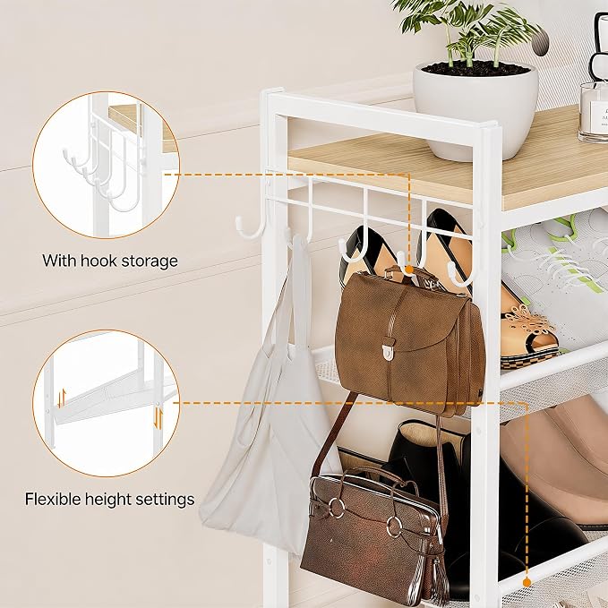 3 Tier Shoe Rack, Shoe Rack for Entryway with Hook, Shoe Organizer with Adjustable Mesh Shelves, Metal Shoe Storage, Closet, Bedroom Living Room Garage