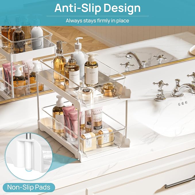 Vtopmart 4 Pack Pull Out Bathroom Under Sink Organizer (S-Standard, White) | Slide-out drawers, Multi-purpose storage, Clear visibility, Easy Set-up