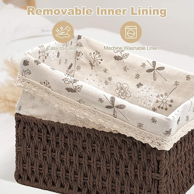 Wicker Storage Baskets Set of 3, Handwoven Paper Rope Organizer Bins with Removable Floral Liner, Small Medium Large for Bathroom, Pantry, Shelf, Countertop, Closet (Brown, L+M+S)
