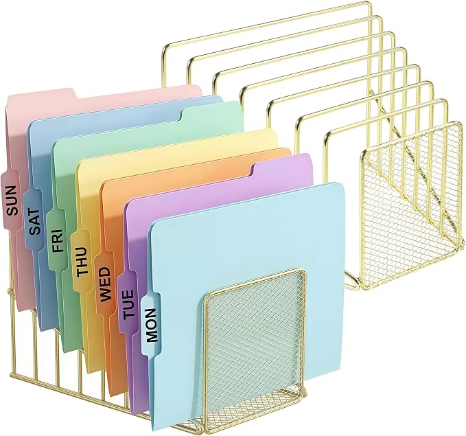 2 pcs Incline File Sorter, 7 Slot Magazine Holder for Letter, Document, Folder and Book, Metal Desktop Organizer Rack for Home, School and Office (2-gold)