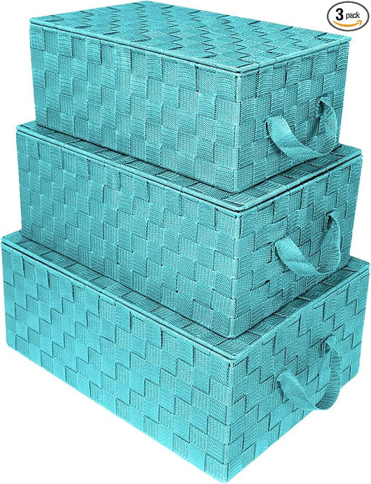 Sorbus Set of 3 Hand-Woven Storage Baskets with Lids (Aqua) – Mesh Bins for Closet, Shelf, or Pantry Organization – Variety Pack for Home and Office Storage