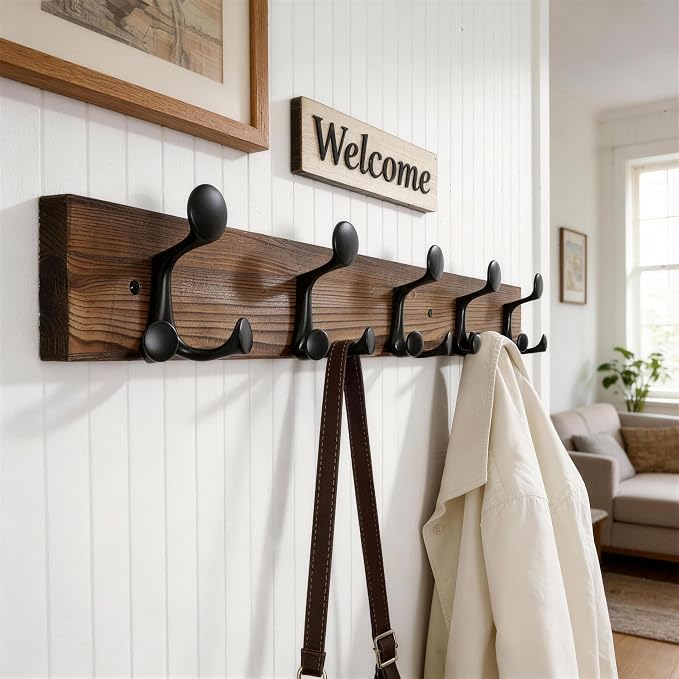 WEBI Coat Rack Wall Mount,30" Solid Wood Coat Hooks Wall Mounted Coat Hanger,16" Hole to Hole,Heavy Duty Hook Rack,5 Triple Hooks for Hanging Coats,Jacket,Hat,Backpack,Farmhouse,Brown,2 Packs