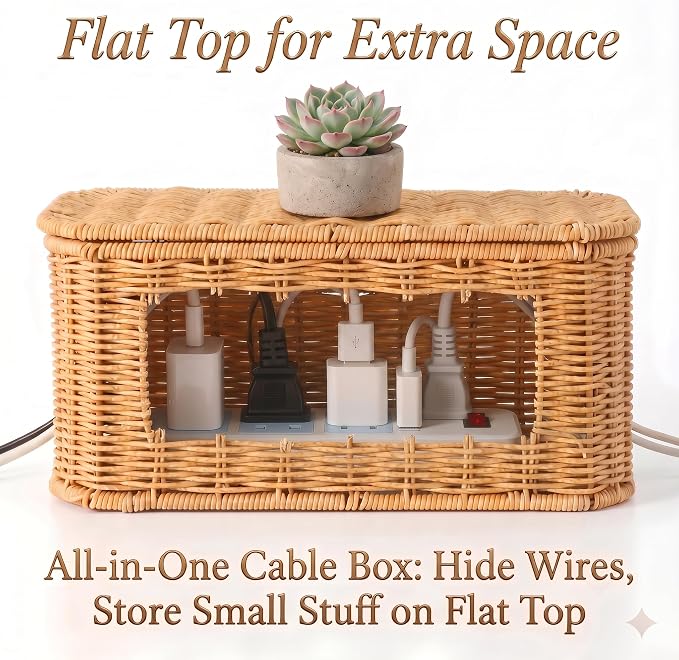 Small Cable Management Box, Mini Wicker Basket for Hiding Cords & Power Strips
