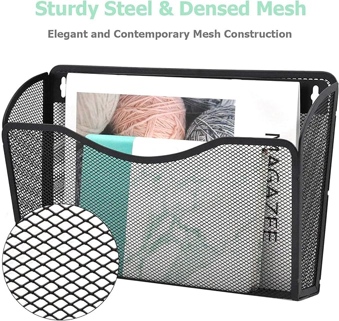 EASEPRES 3 Single Pocket Mesh Hanging File Organizer, Vertical Wall Mounted Magazine File Holder, Mount Basket Mail Paper Document Folder Organizing for Office, Home and School, Black