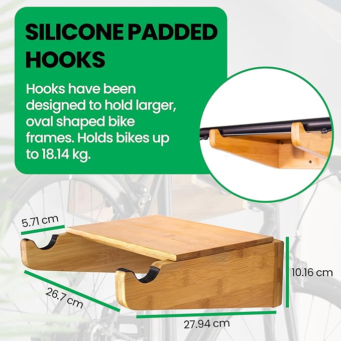 COR Bamboo Bike Wall Mount Rack w/Shelf, Indoor Bicycle Storage | Silicone-Padded Hooks, Holds 40lbs, Fits Oval Frames, Doubles as Shelf, Sustainable Bamboo, Stud-Mount Hardware Included