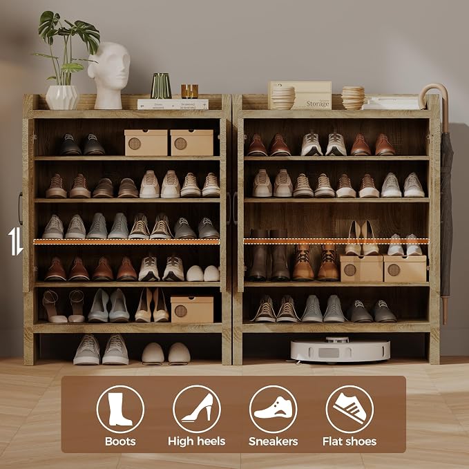 6-Tier Shoe Cabinet Storage for Entryway, Rattan Shoes Organizer Cabinets with Doors, Wooden Shoe Rack, Farmhouse Boho Wood Storage Cabinet (Natural, 6-Tier)
