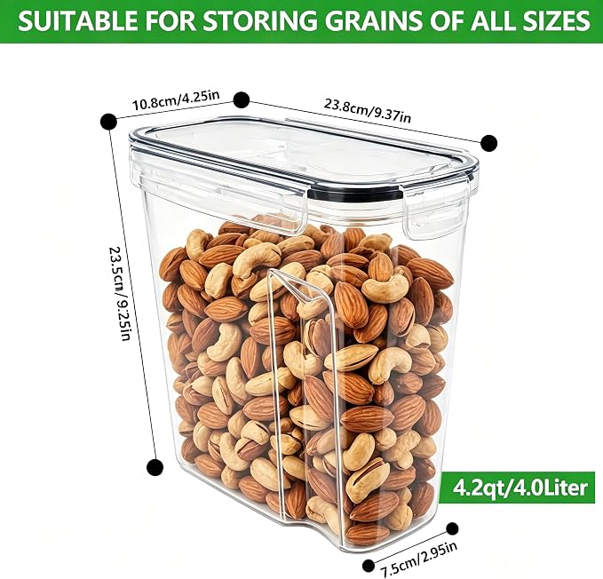 4pcs 4L Airtight Plastic Canisters, Kitchen Pantry Dry Food Storage | 4pk 4L airtight canisters, tight sealed lids lock out moisture. Premium plastic, stackable for all kitchen dry foods