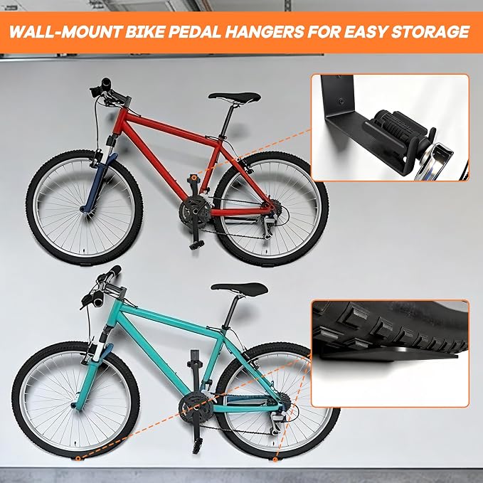 Wall Mount Bike Pedal Hanger, Heavy-Duty Horizontal Bike Rack for Garage, Indoor Bike Hanger, Holds Up to 70 lbs, 2 Pack