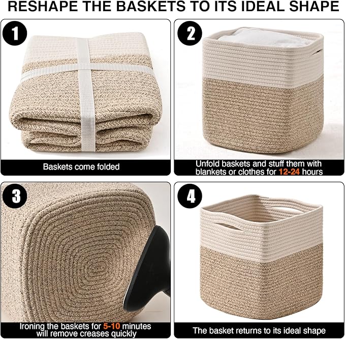 ICERZCZ 13 Inch Cube Closet Storage Bins, Woven Cotton Rope Organizer Baskets for Organizing & Shelves, Books, Towels, Clothes, Toys, 13x13x13 in, Off White & Brown (Pack of 3)