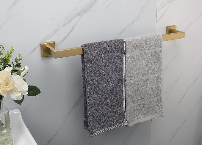TocTen Bath Towel Rack - Square Base Thicken SUS304 Stainless Steel Towel Bar for Bathroom, Bathroom Accessories Towel Rod Heavy Duty Wall Mounted Towel Holder. (Brushed Gold, 24)
