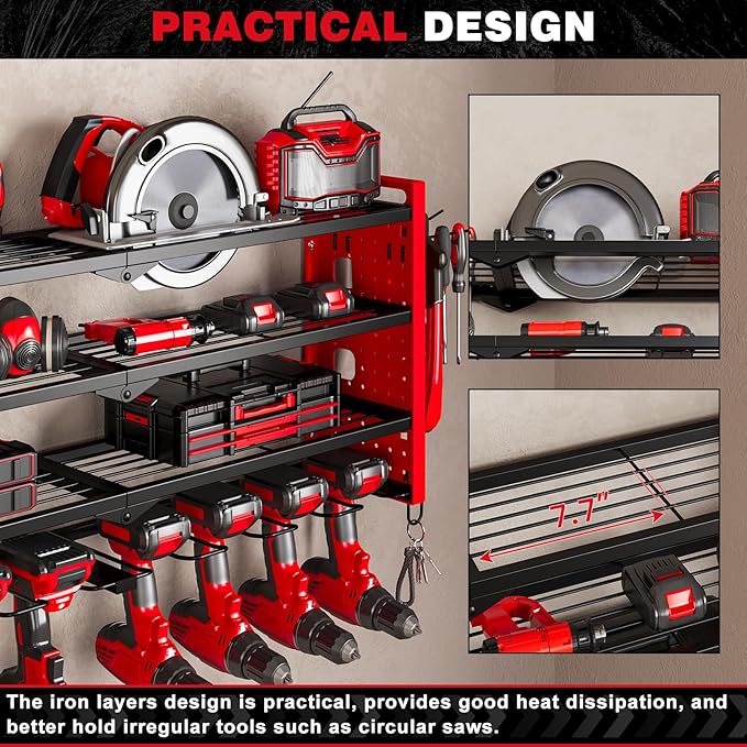 NattyDot Power Tool Drill Holder Wall Mount, 4Tier Garage Organizer, Red | 4-tier Utility Rack Stores 8 Cordless Drills, Batteries and Accessories while Freeing Extra Garage Wall Storage Space