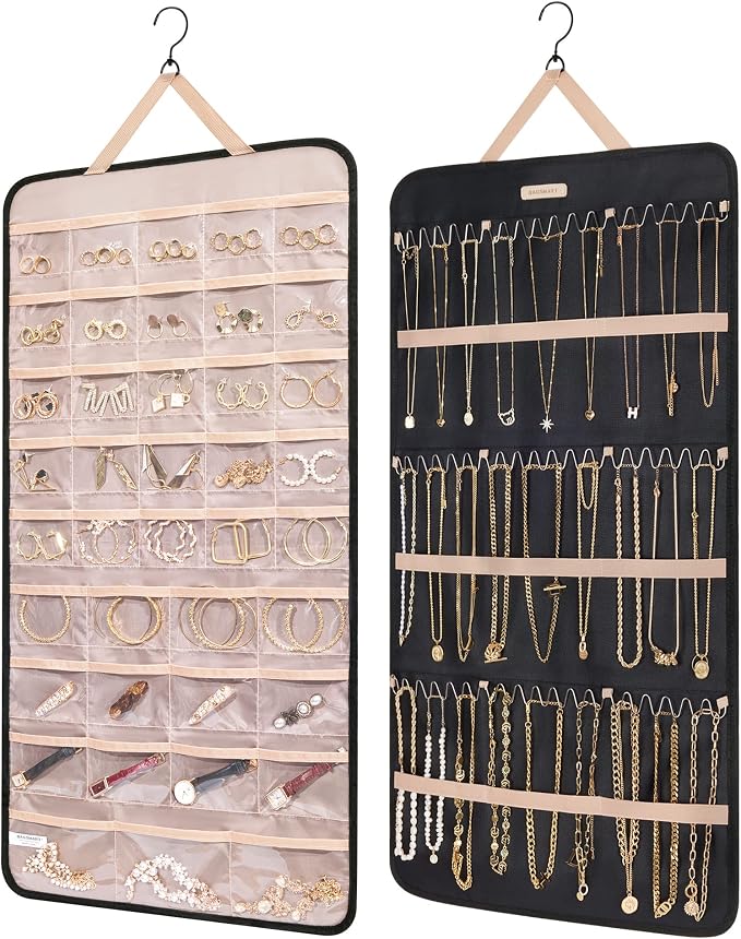 BAGSMART Hanging Jewelry Organizer Necklace/Earring/Ring 2-Sided XL Black | Jewelry Storage with Hanger Metal Hooks Double-Sided Jewelry Holder on Closet, Wall, Door
