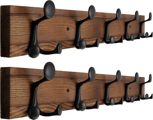 WEBI Coat Rack Wall Mount,30" Solid Wood Coat Hooks Wall Mounted Coat Hanger,16" Hole to Hole,Heavy Duty Hook Rack,5 Triple Hooks for Hanging Coats,Jacket,Hat,Backpack,Farmhouse,Brown,2 Packs
