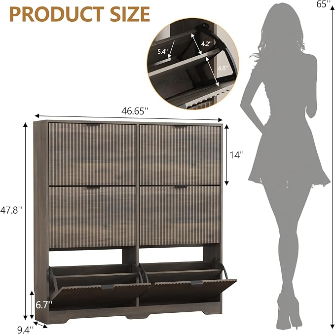 HUANLEGO Shoe Cabinet Storage for Entryway with 6 Flip Drawers, Grey Fluted Shoe Cabinet with Adjustable Shelves, Wooden Hidden Shoe Rack Freestanding Narrow Slim Shoes Storage for Hallway, Entrance