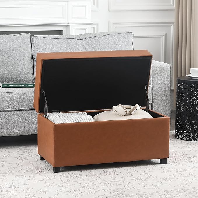 32" Leather Storage Ottoman Bench, Rectangle Foot Rest Stool for Living Room, Bedroom, Entryway, Cognac Brown