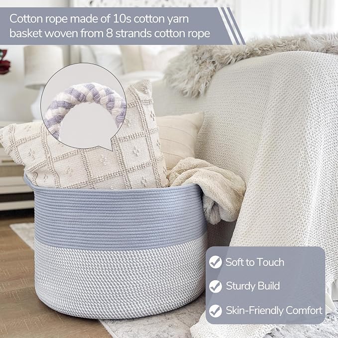 INDRESSME XXXLarge Woven Rope Blanket Basket Living Room Blue, 90L | 21.7" x 13.8" Storage baskets for toys laundry & pillows. Fits living room, bedroom or nursery décor. Soft-touch with handles