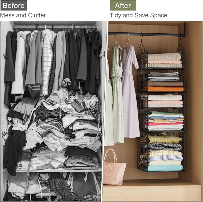 X-cosrack Hanging Closet Organizer and Storage - 5-Tier Closet Storage Organizer Baskets for Clothes & Adjustable Collapsible Metal Closet Hanging Organizer Shelves for Sweaters Shoes Handbags